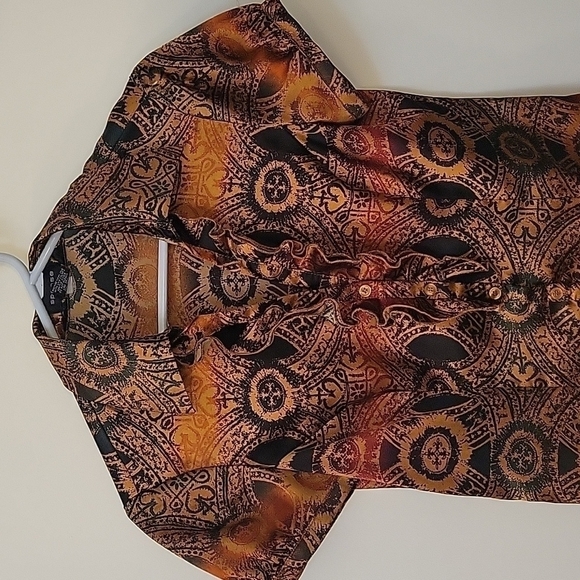 SPENSE Tribal Batik Satin Button Down Short Sleeve Shirt Small - Picture 3 of 9